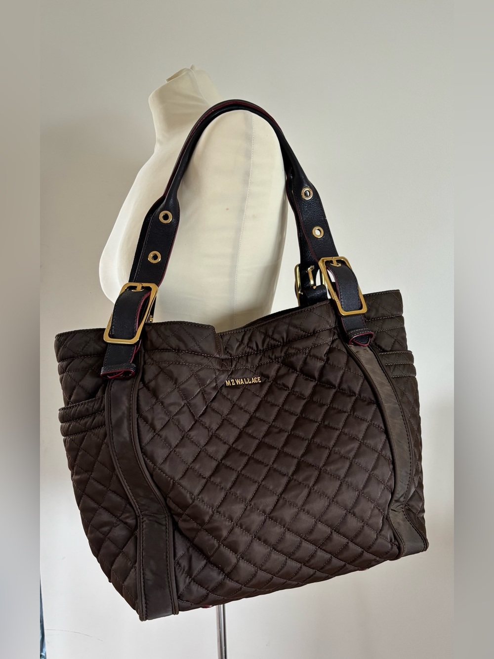 MZ Wallace Quilted Ava Tote Shoulder Work Bag in Dark Brown Nylon Leather